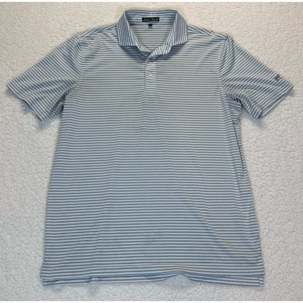 Southern Point Co Mens Medium Blue White Striped Performance Golf Polo Shirt